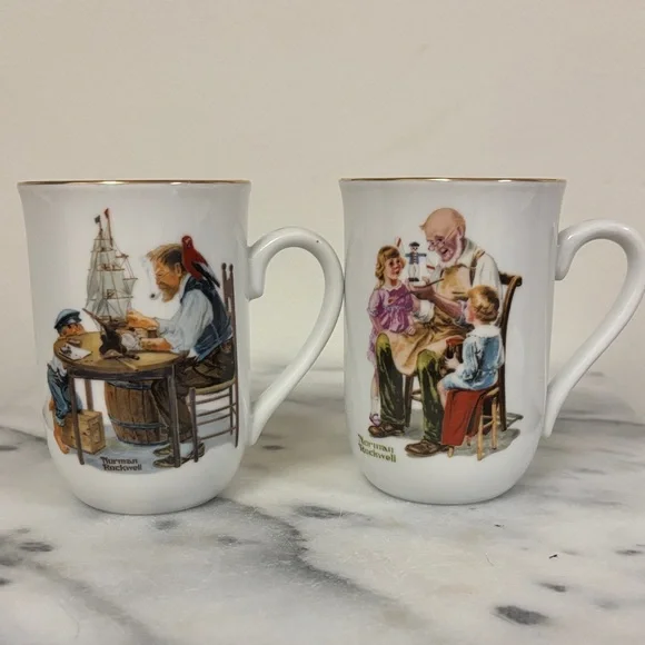 Norman Rockwell Illustrated Mugs with White and Multicolor Design - Picture 1 of 7